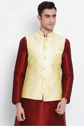 jacquard silk mandarin mens nehru jacket - natural