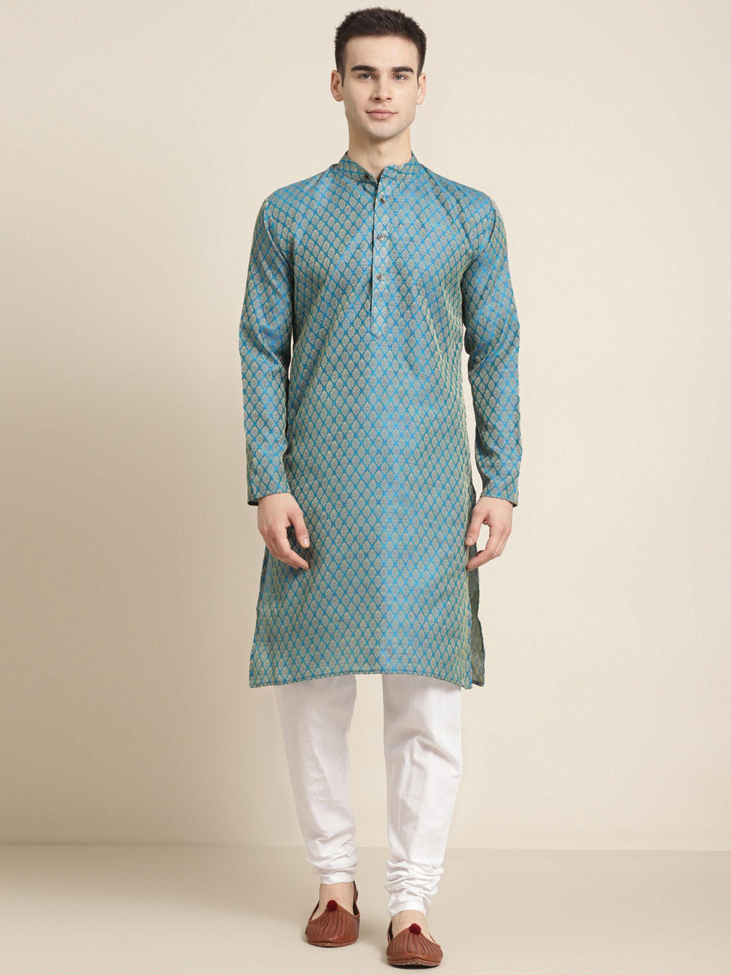 jacquard silk peacock blue self design only kurta