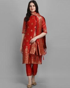 jacquard silk straight kurta set