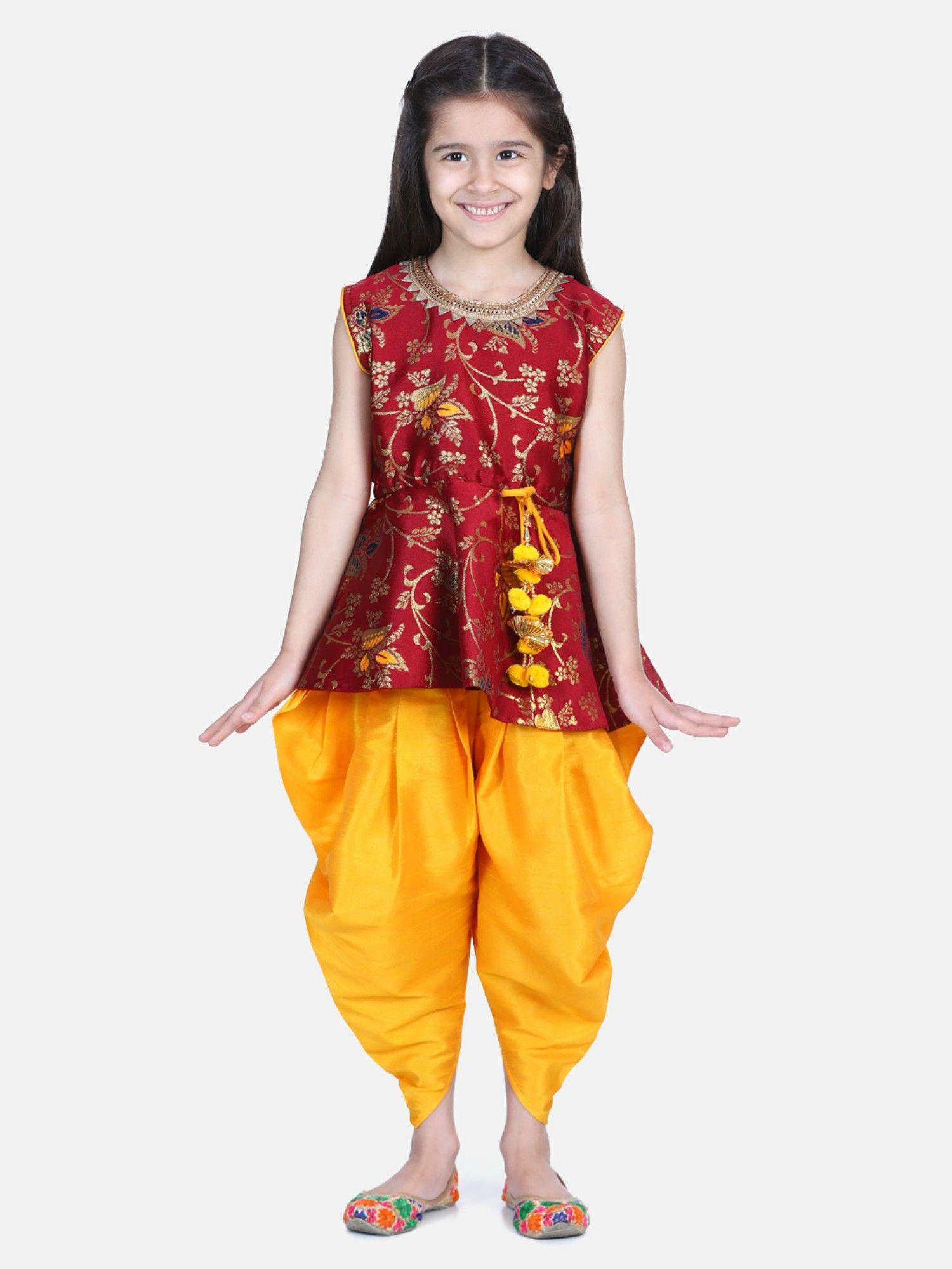 jacquard sleeveless pelum with silk dhoti- maroon (set of 2)