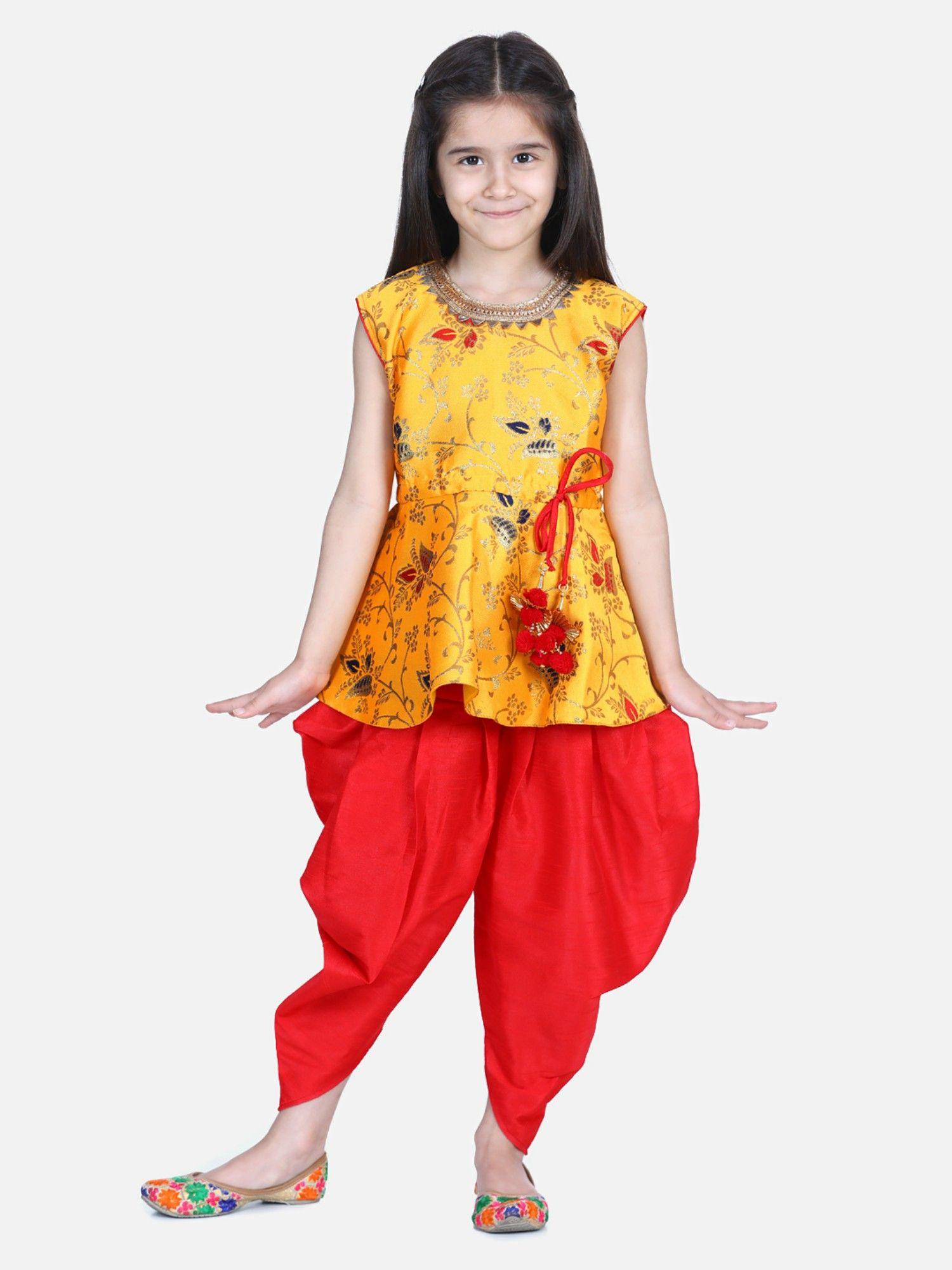 jacquard sleeveless pelum with silk dhoti- yellow (set of 2)