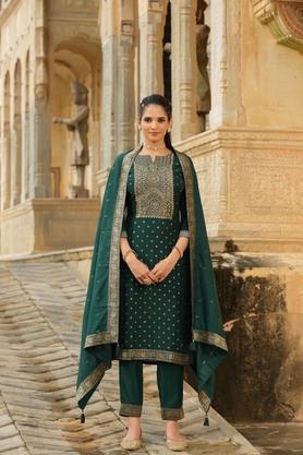 jacquard sweetheart neck silk women's salwar kurta dupatta set - green