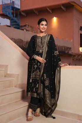 jacquard sweetheart neck wool women's salwar kurta dupatta set - black