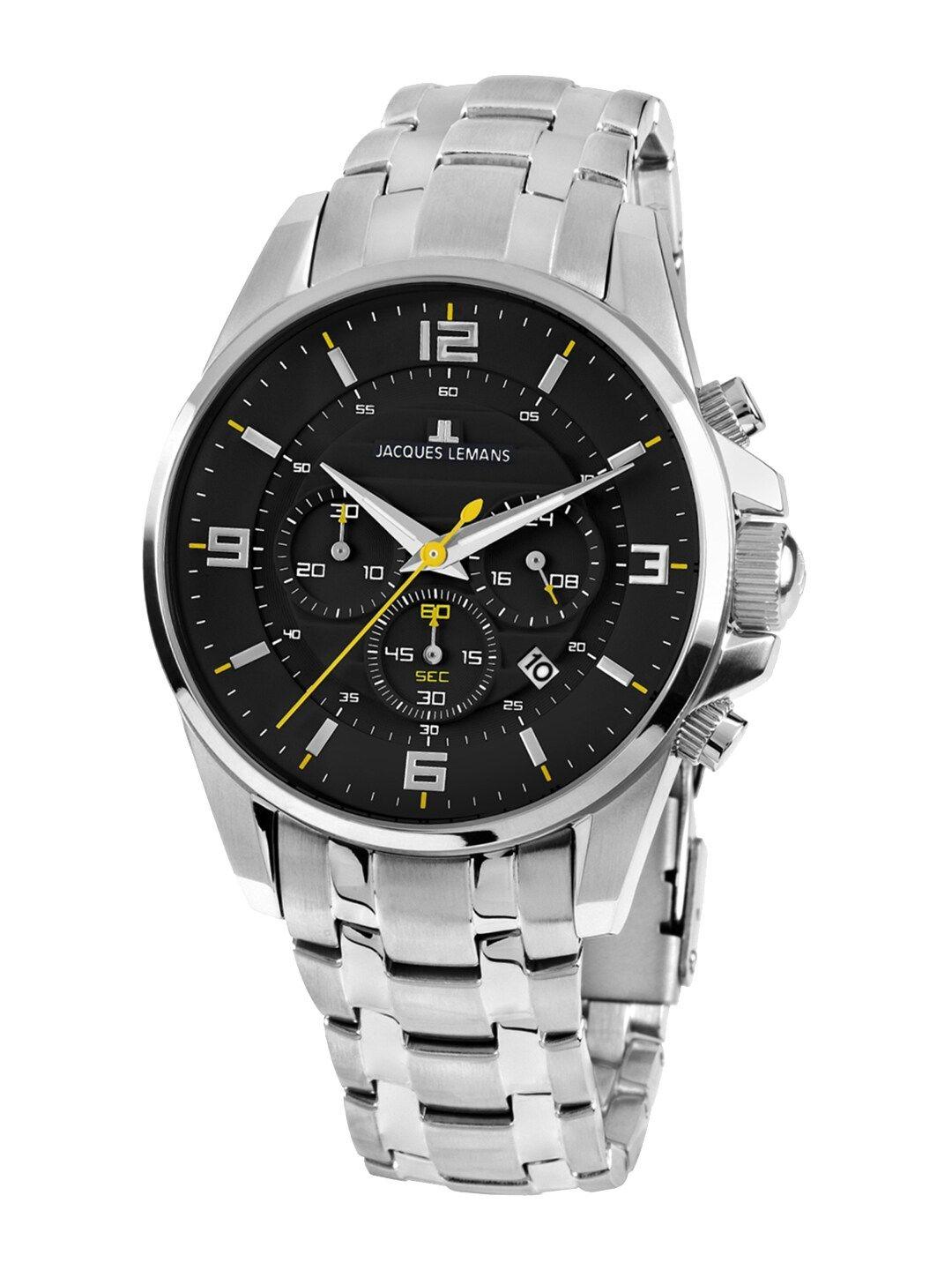 jacques lemans men black & silver-toned chronograph watch 1-1799f