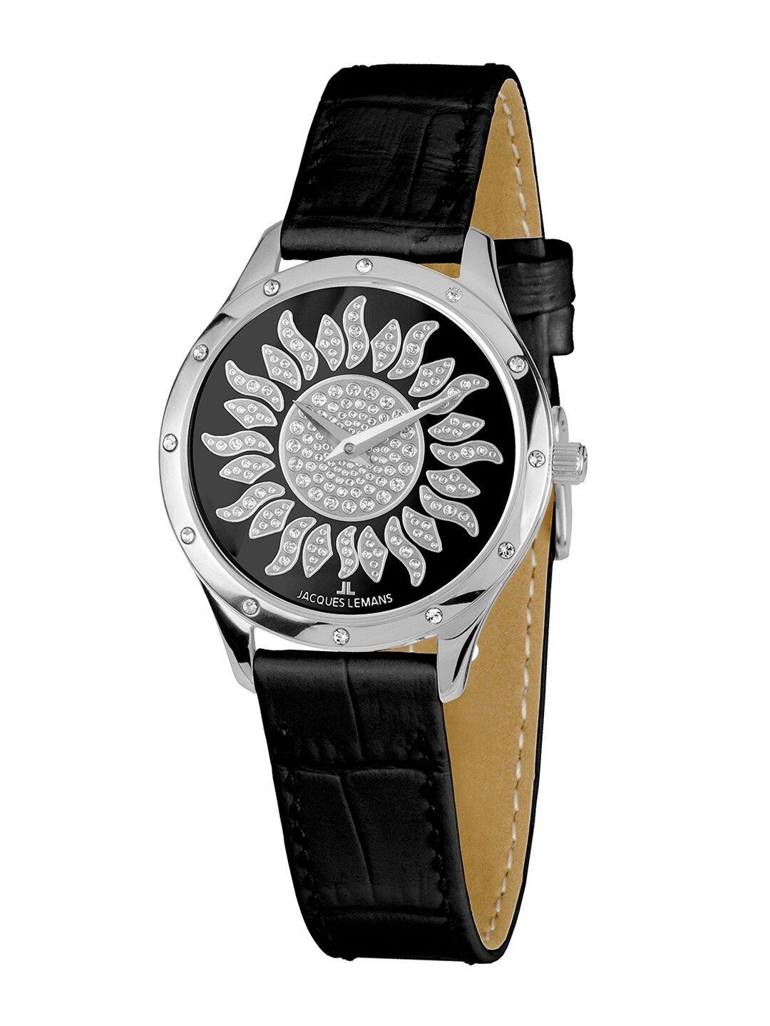 jacques lemans women black skeleton dial & black leather straps analogue watch 1-1803i