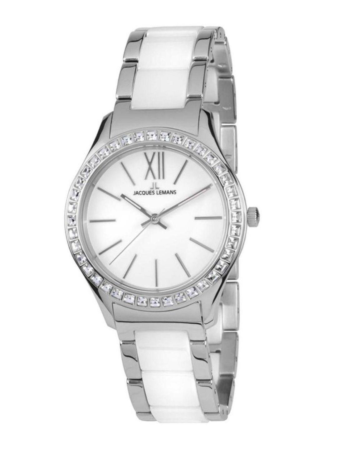 jacques lemans women embellished dial & white bracelet style straps analogue watch 1-1797b