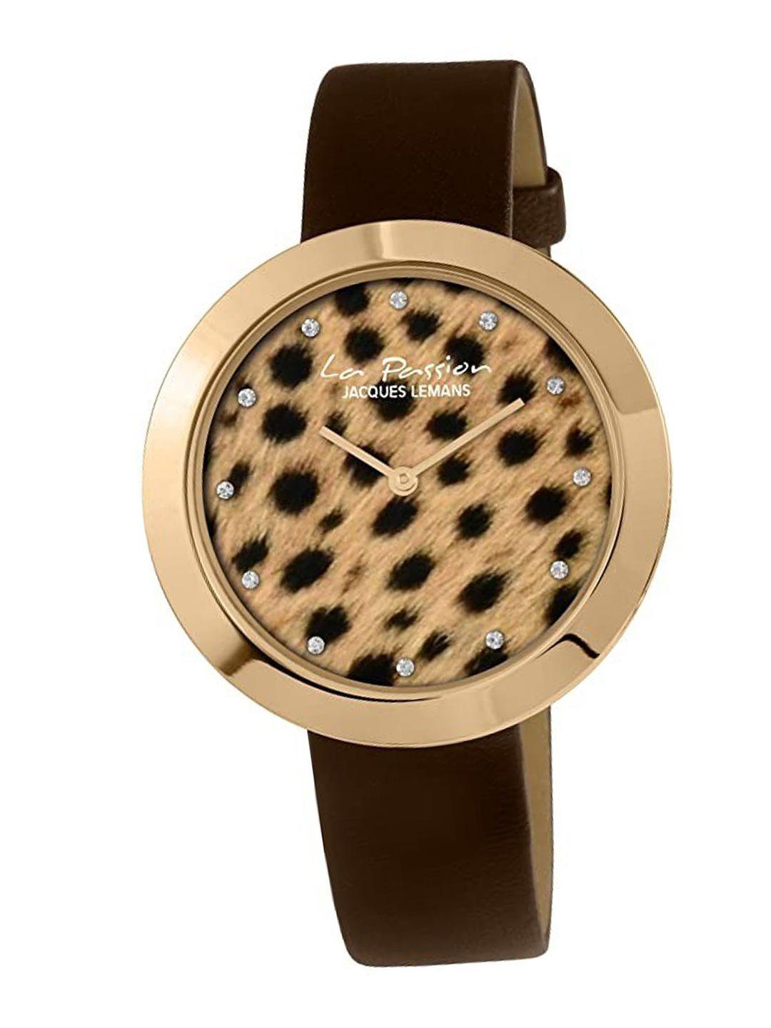 jacques lemans women gold printed dial & brown leather straps analogue watch lp-113i