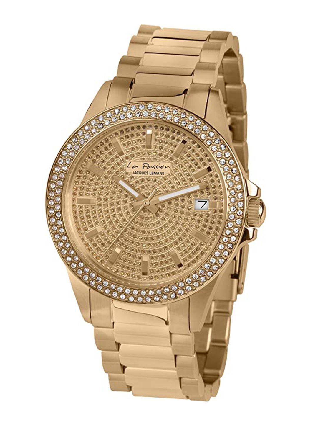 jacques lemans women gold-toned embellished dial & stainless steel straps analogue watch