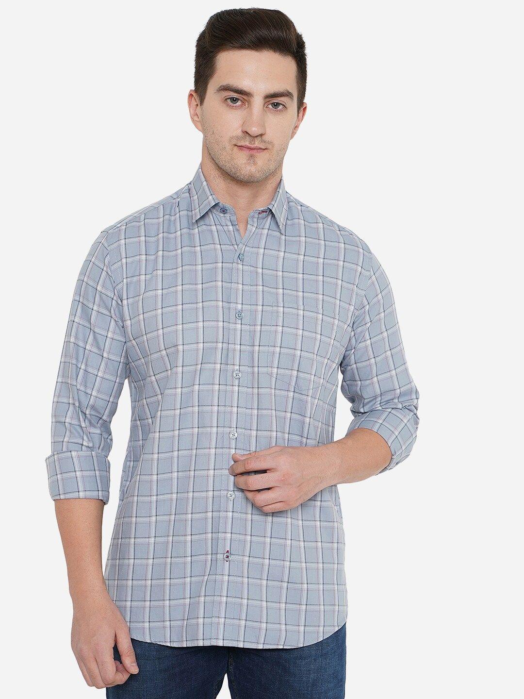 jade blue men grey classic slim fit checked cotton casual shirt