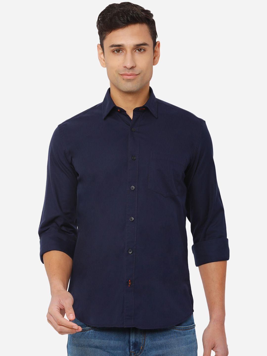jade blue men navy blue slim fit pure cotton casual shirt