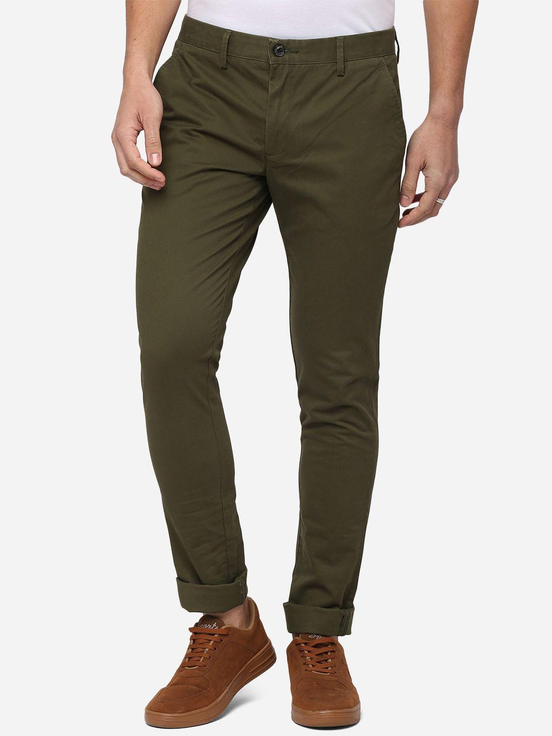 jade blue men olive green slim fit pure cotton trousers