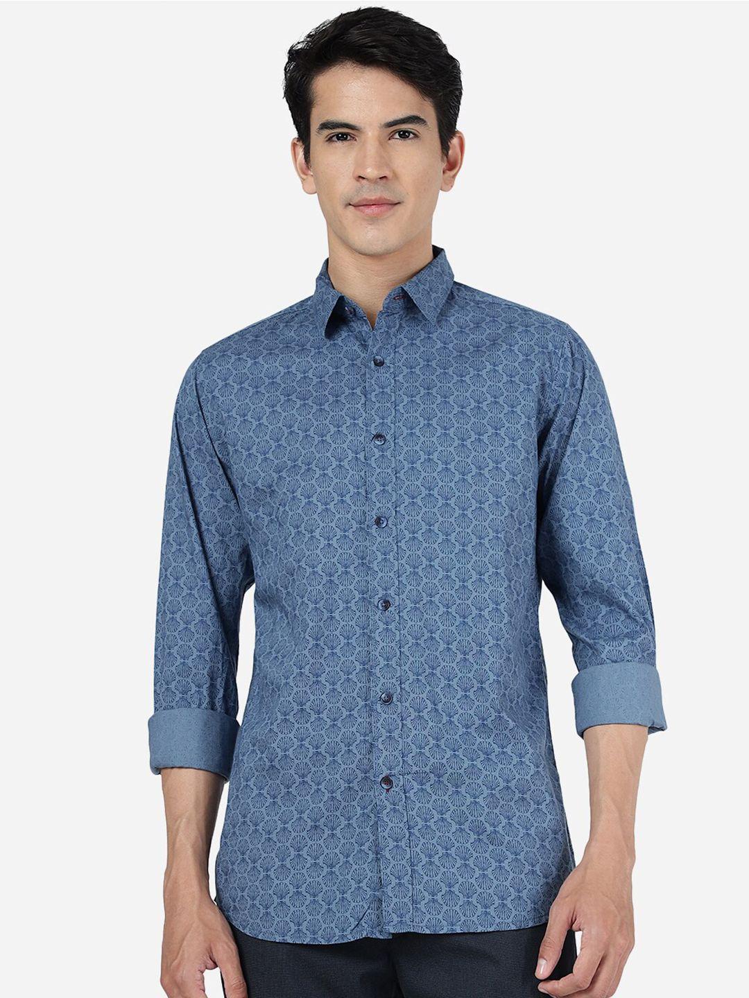 jade blue  slim fit conversational printed spread collar long sleeve cotton casual shirt