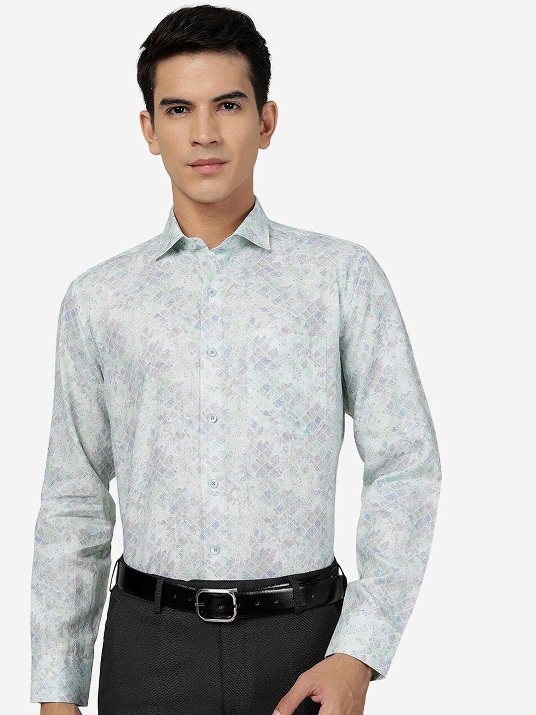 jade blue abstract printed pure linen pure cotton formal shirt