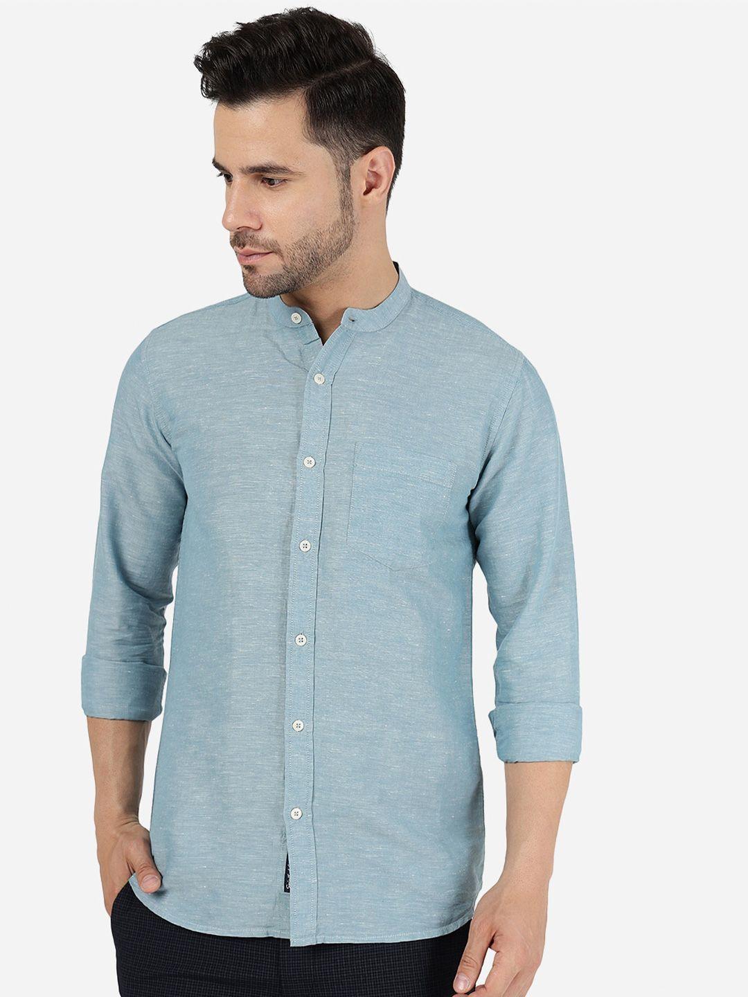 jade blue band collar cotton slim fit casual shirt