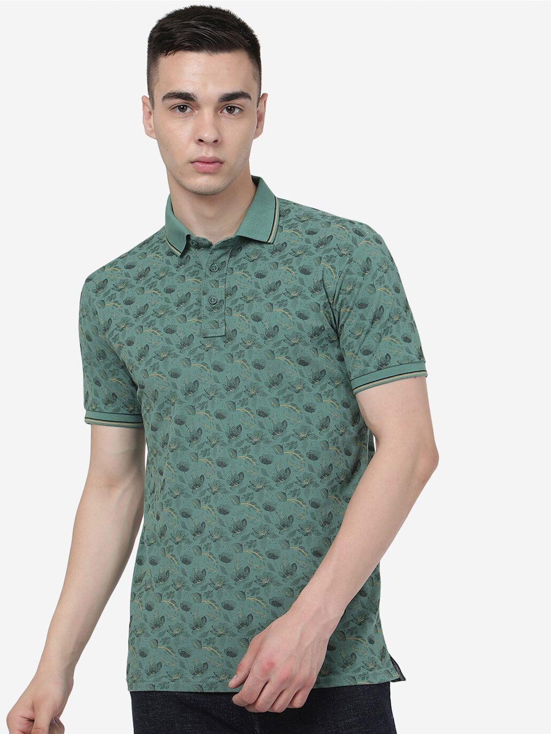 jade blue floral printed polo collar pure cotton slim fit t-shirt