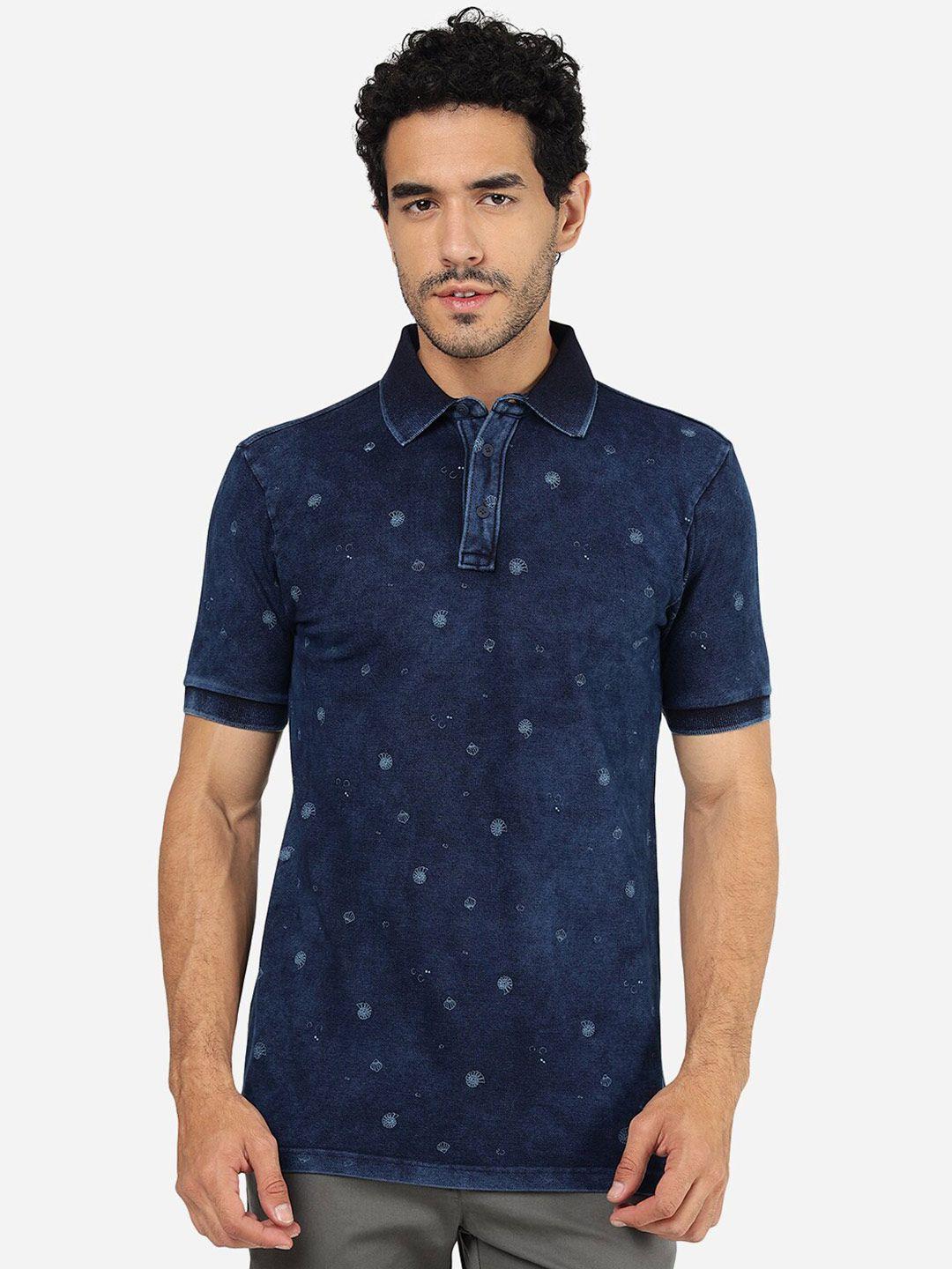 jade blue floral printed polo collar slim fit pure cotton t-shirt