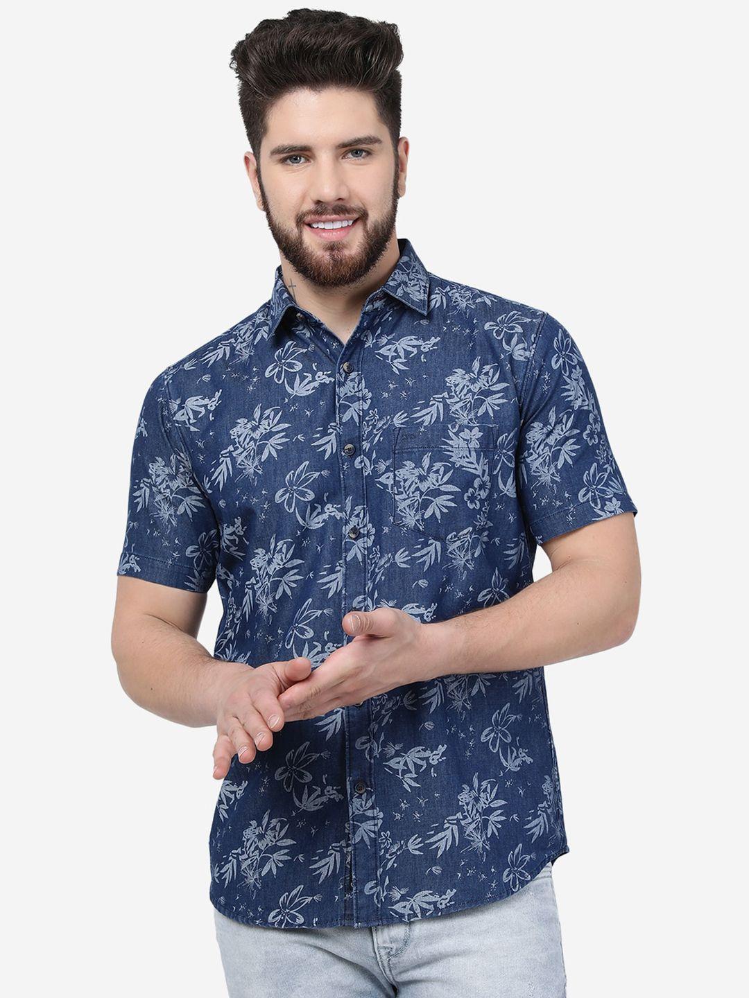 jade blue floral printed slim fit casual shirt