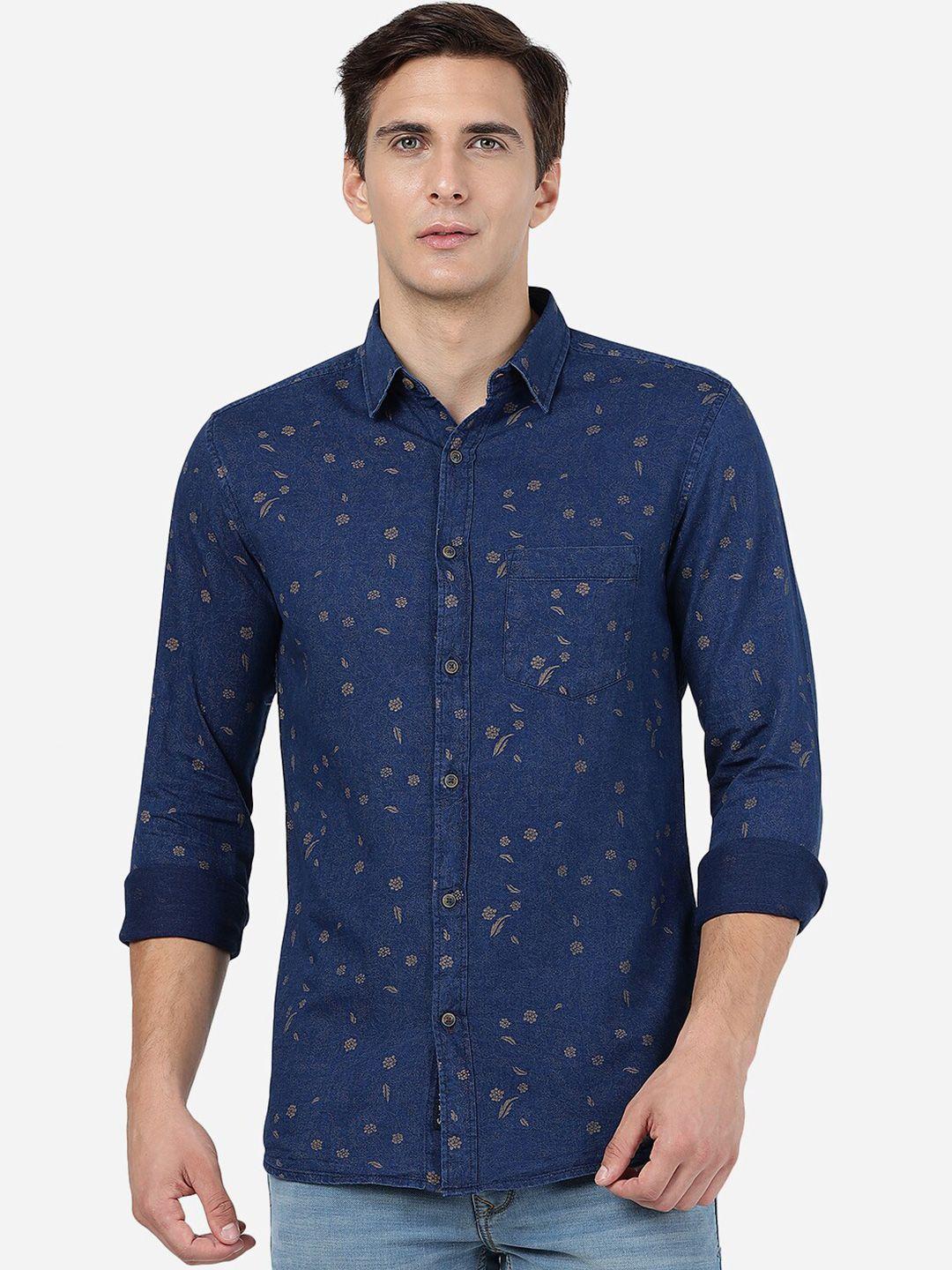 jade blue floral printed slim fit opaque cotton casual shirt