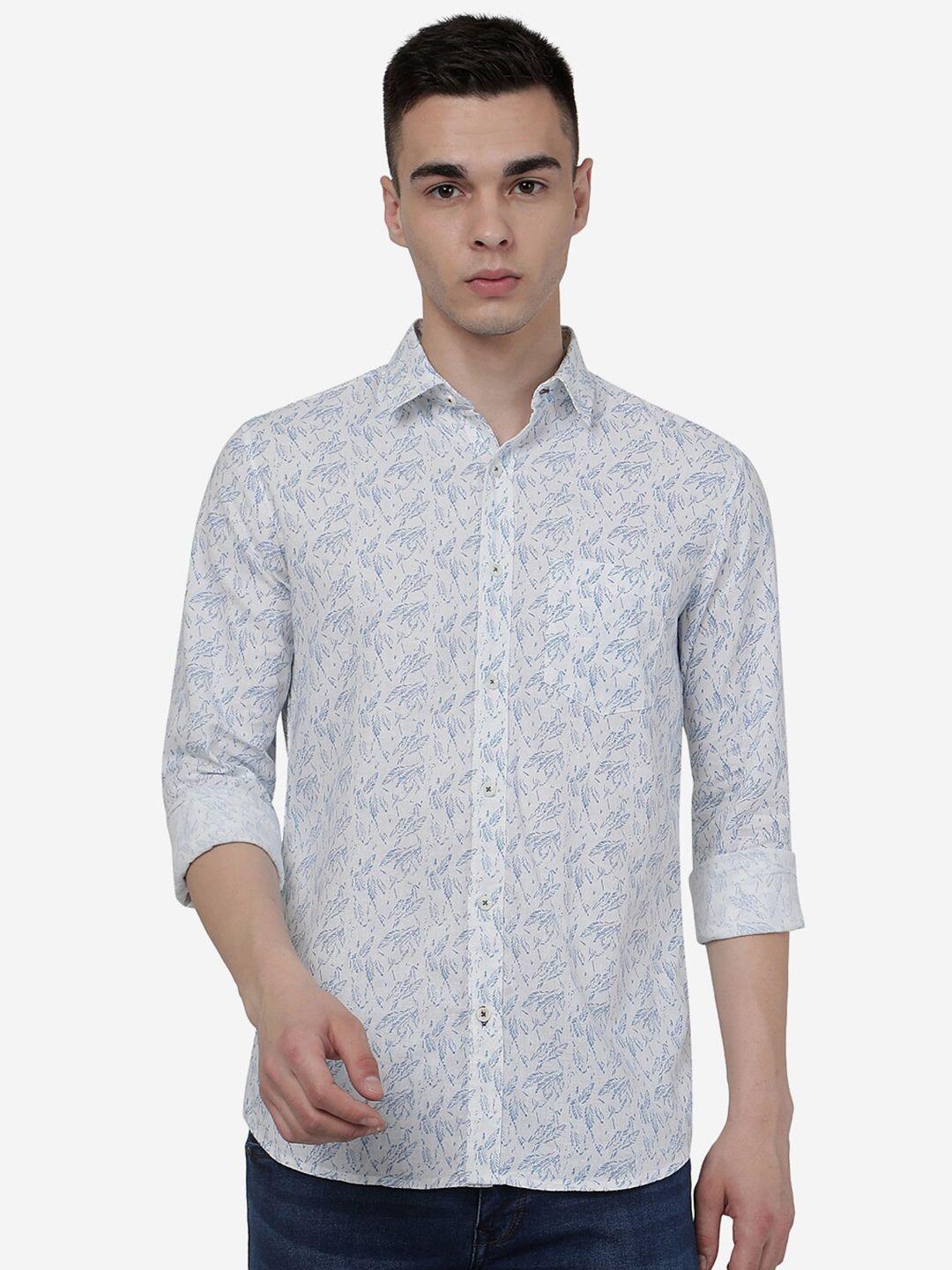 jade blue floral printed spread collar casual pure cotton shirt