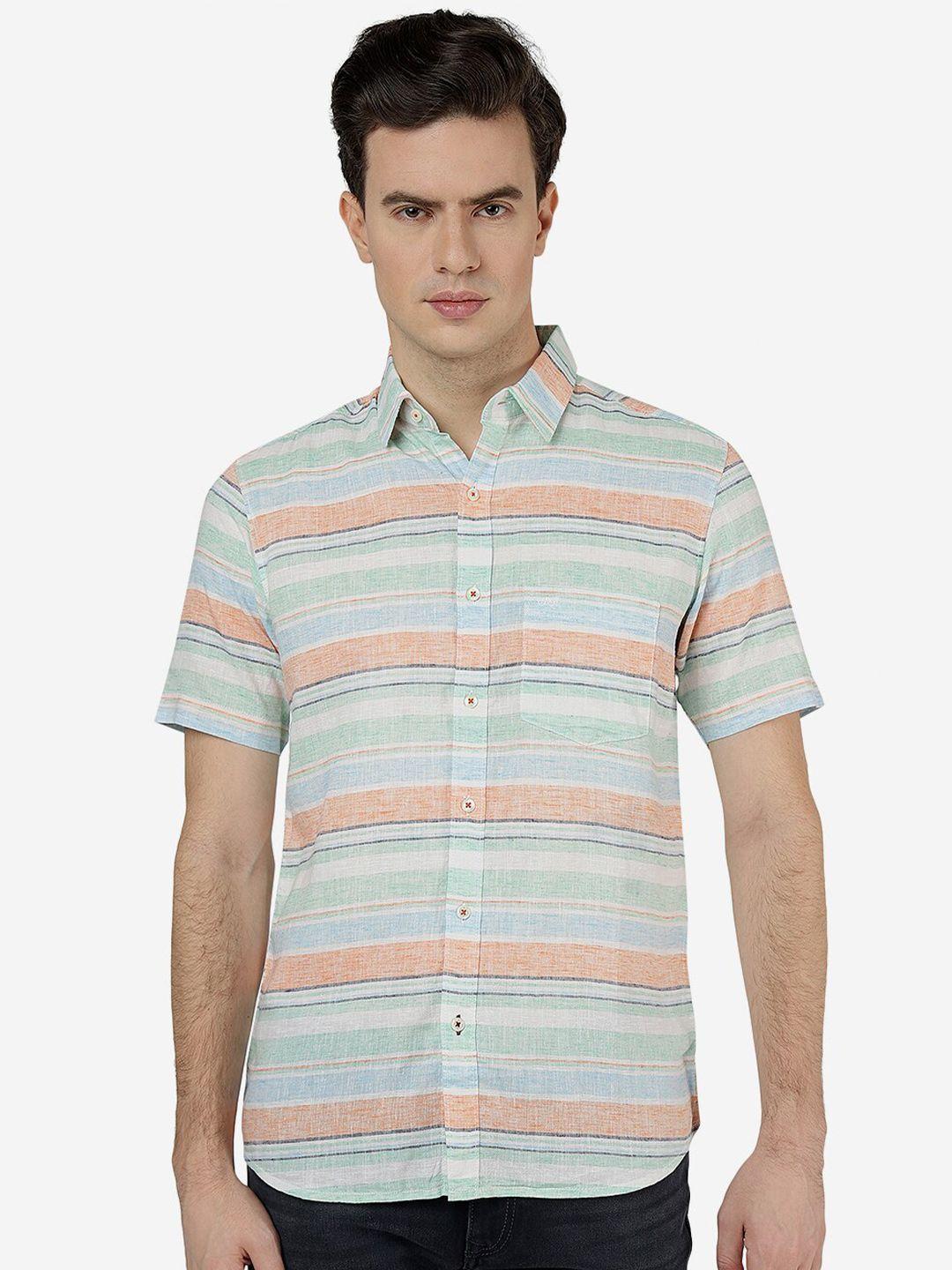 jade blue horizontal stripes slim fit pure cotton shirt