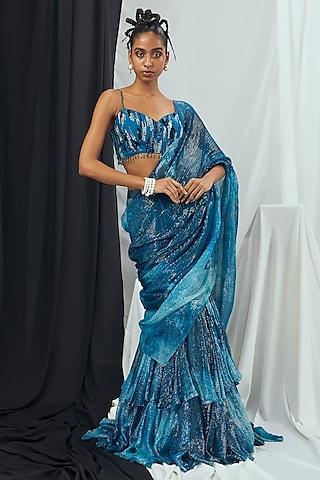 jade blue lurex & nokia silk printed pre-draped saree set