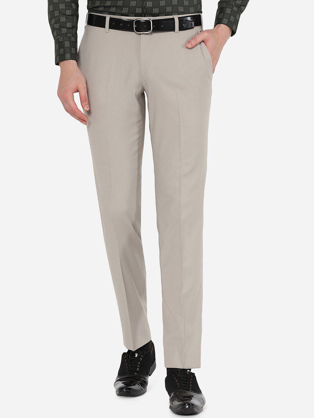 jade blue men beige slim fit trousers