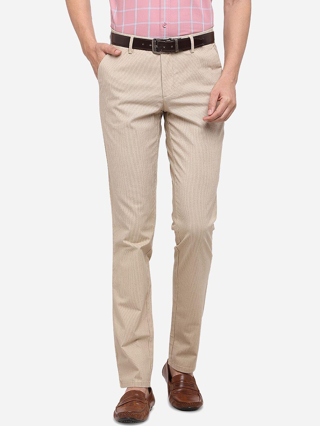 jade blue men beige solid slim fit cotton regular trousers