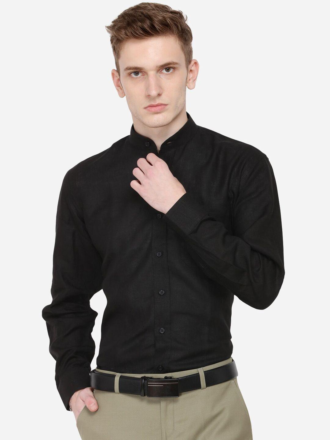 jade blue men black regular fit solid linen formal shirt