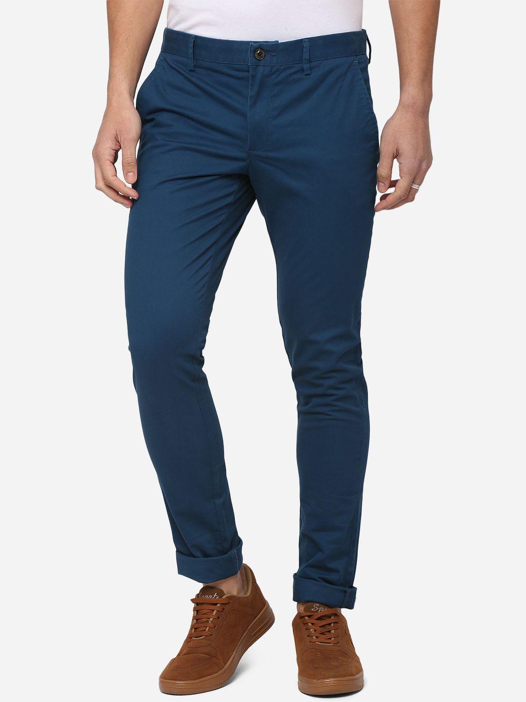 jade blue men blue slim fit pure cotton trousers