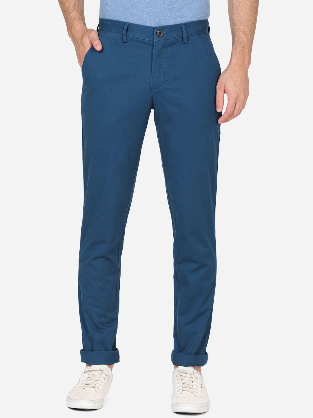 jade blue men blue slim fit wrinkle free casual trousers