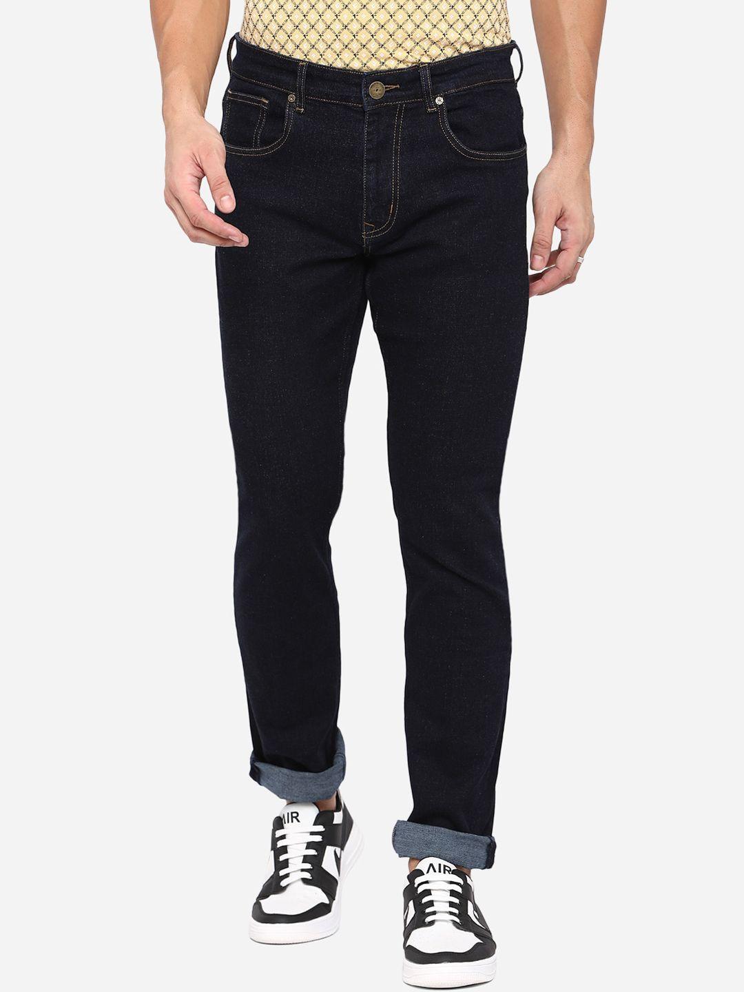 jade blue men blue solid straight fit stretchable jeans