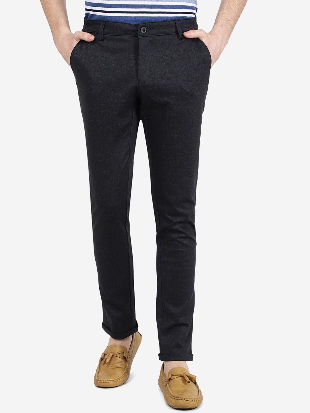 jade blue men checked slim fit trousers