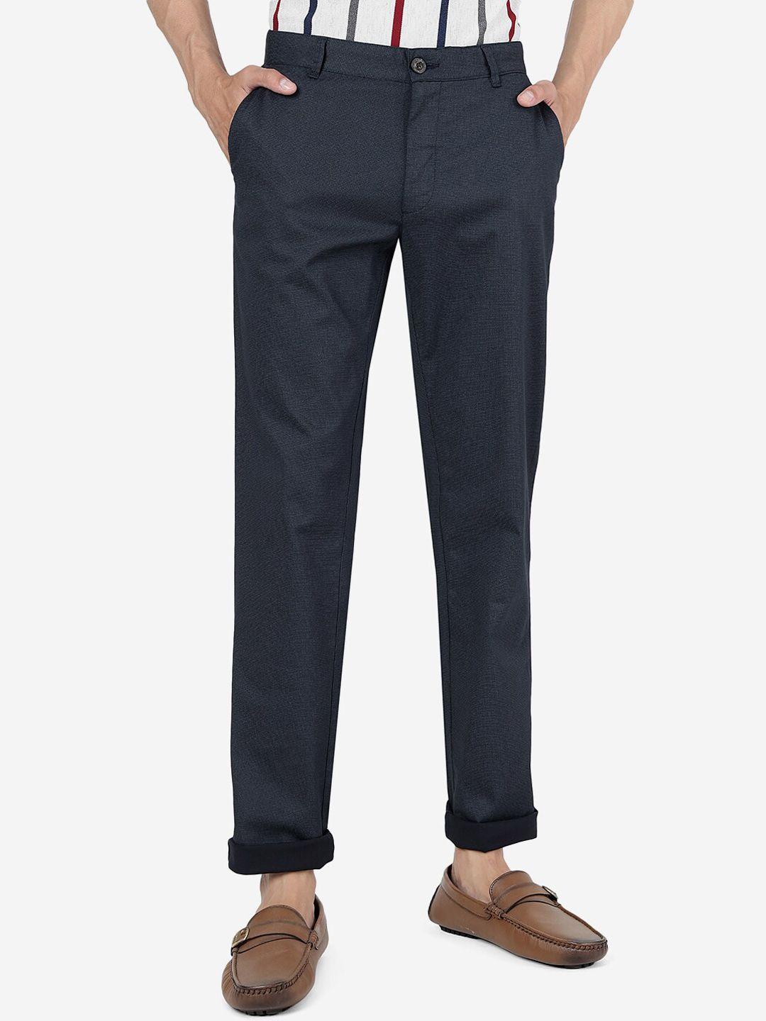 jade blue men mid rise plain self design pure cotton slim fit trousers