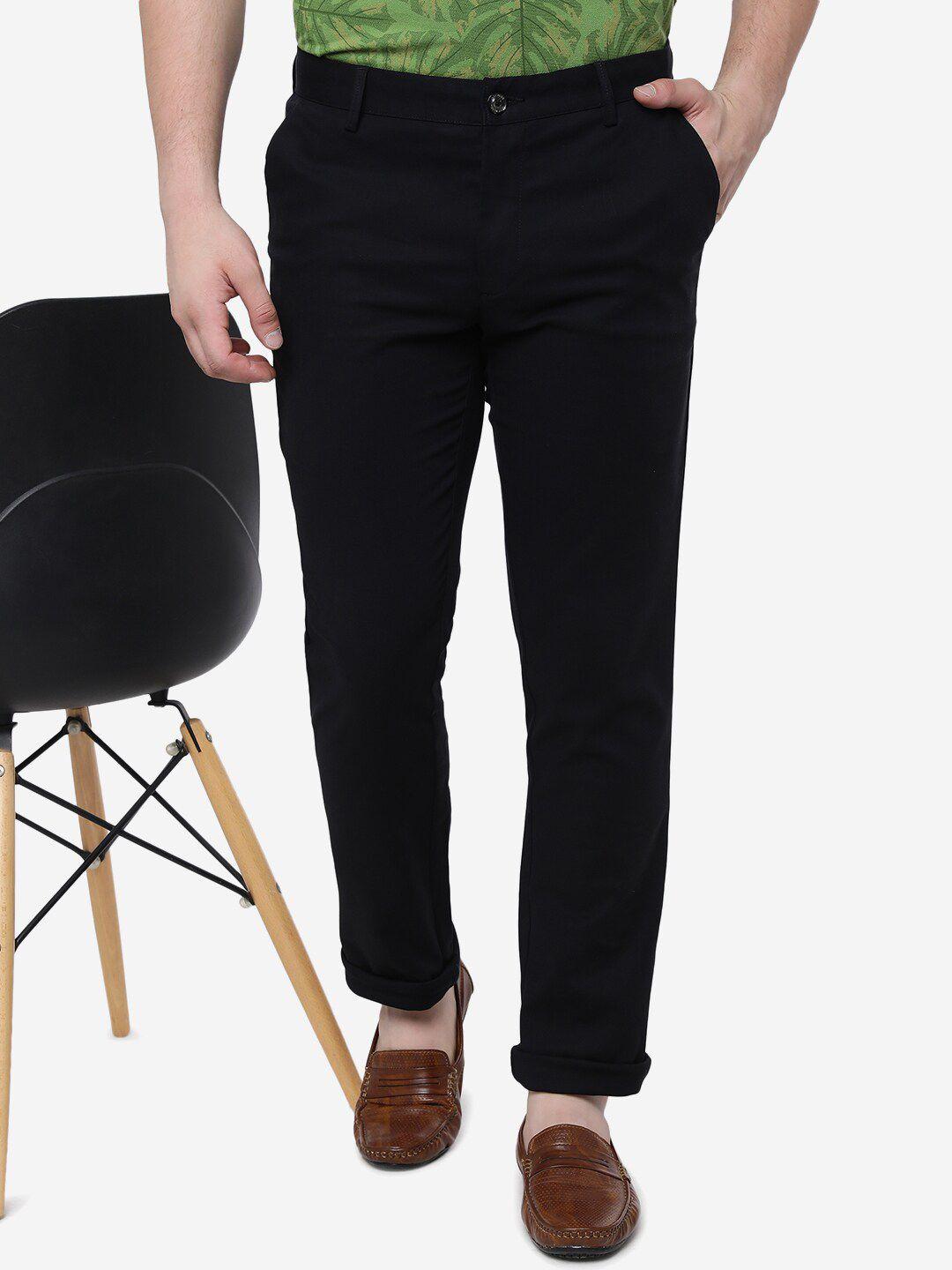 jade blue men mid rise slim fit pure cotton trousers