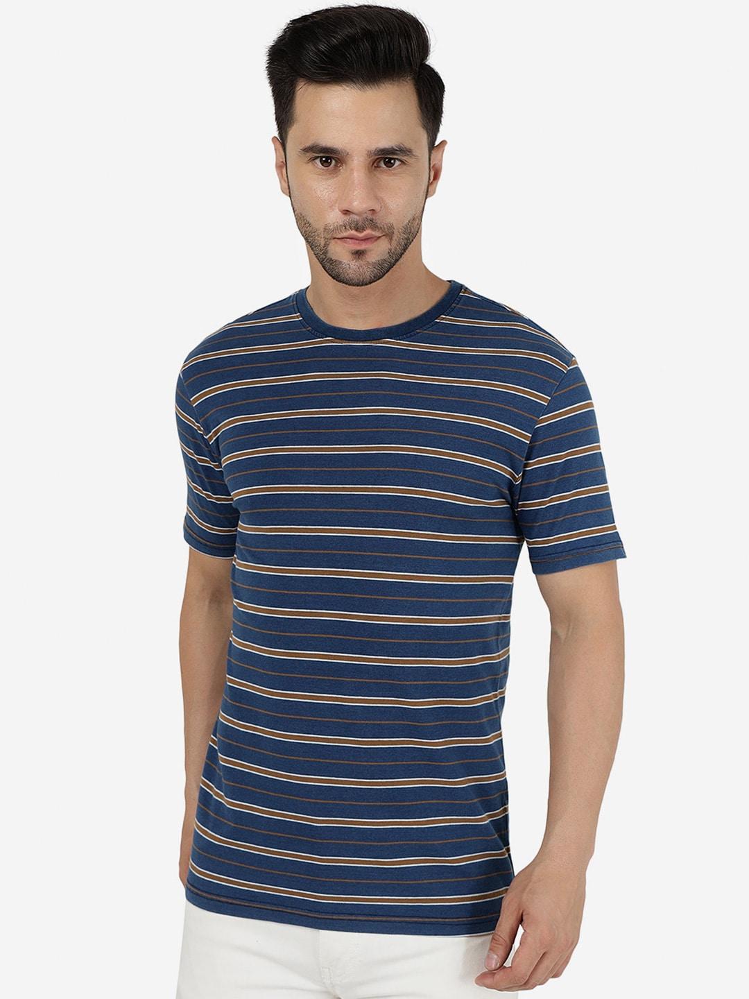 jade blue men multicoloured striped pockets slim fit t-shirt