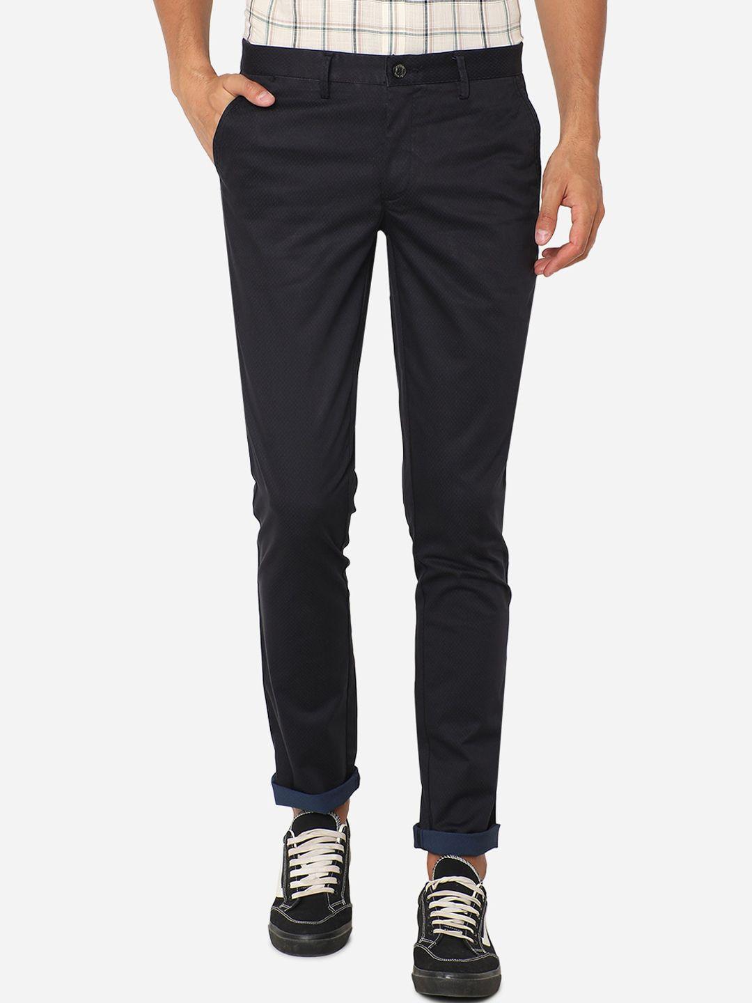 jade blue men navy blue pure cotton solid slim fit regular trousers