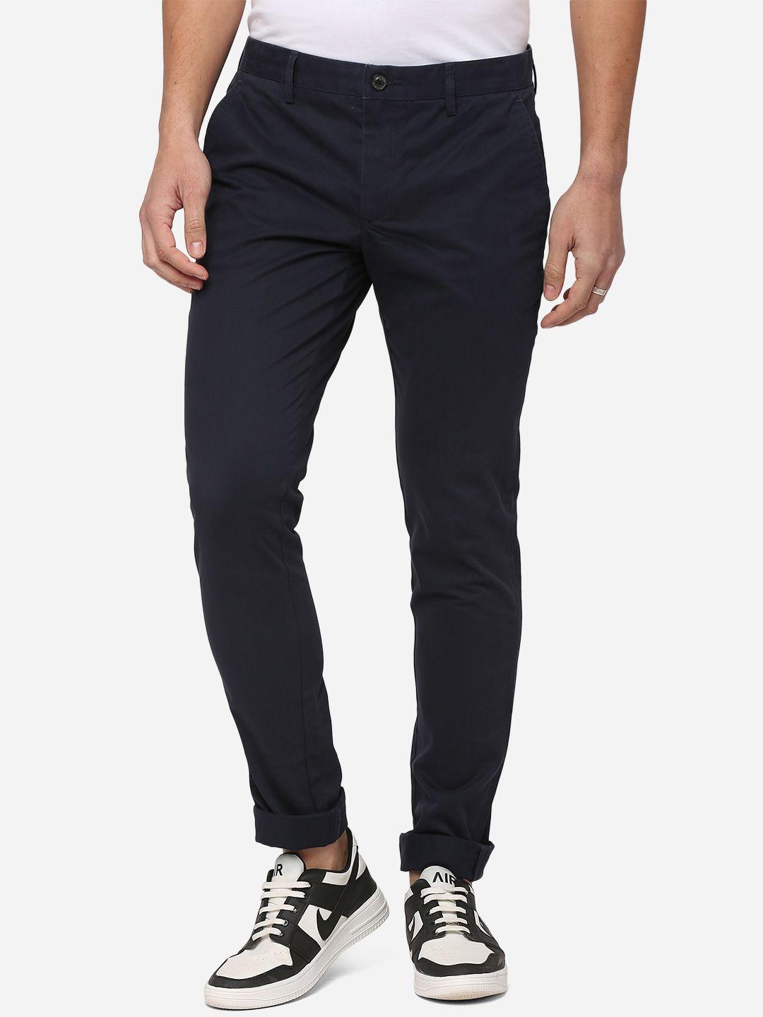 jade blue men navy blue slim fit pure cotton trousers