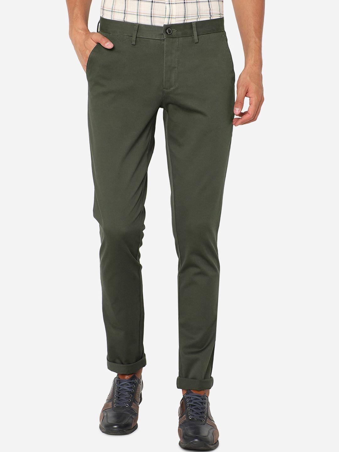 jade blue men olive green slim fit regular trousers