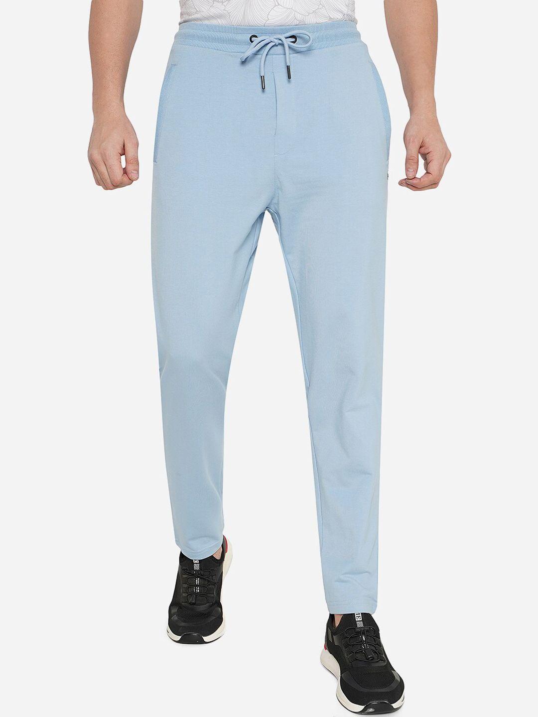 jade blue men sky blue cotton solid slim-fit track pants