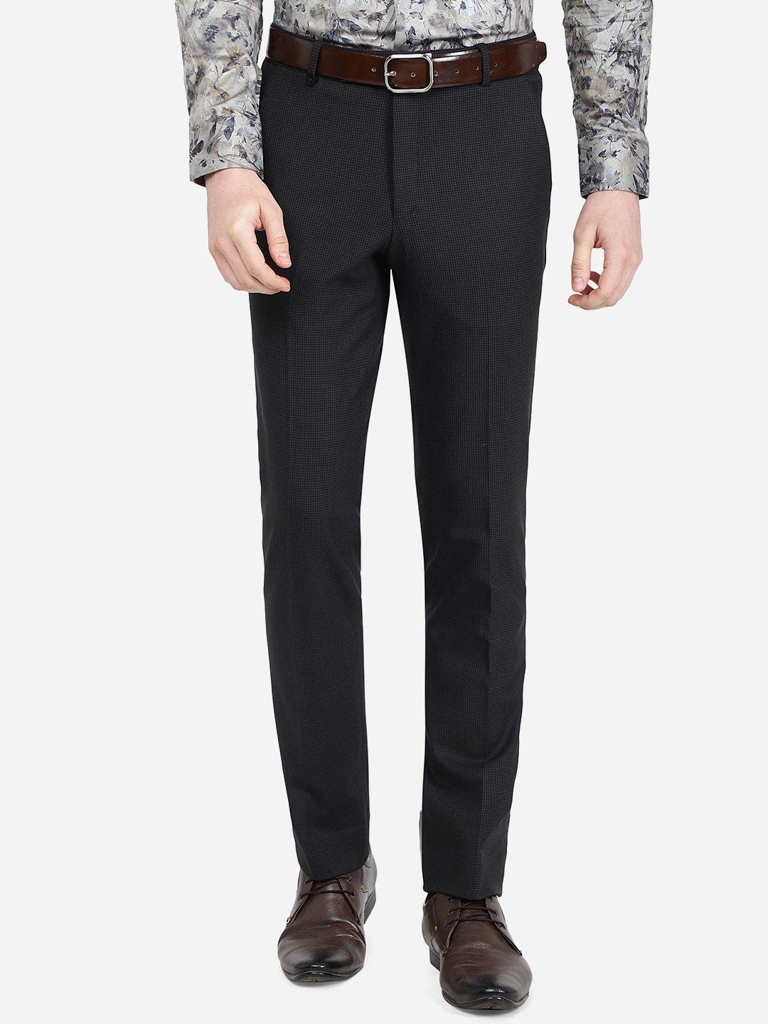 jade blue men slim fit mid-rise formal trousers