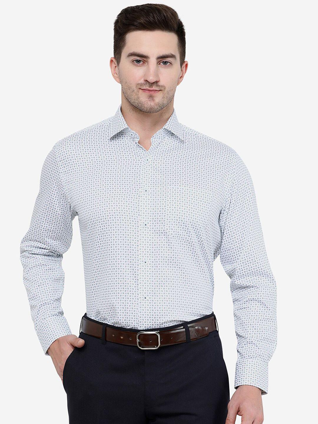 jade blue men white slim fit printed cotton formal shirt