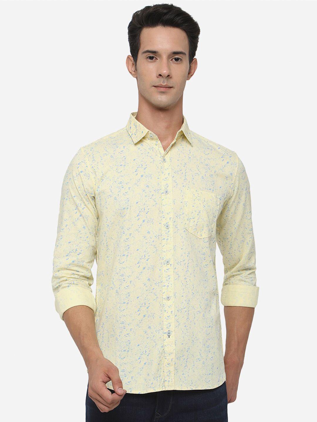 jade blue men yellow slim fit floral printed casual shirt