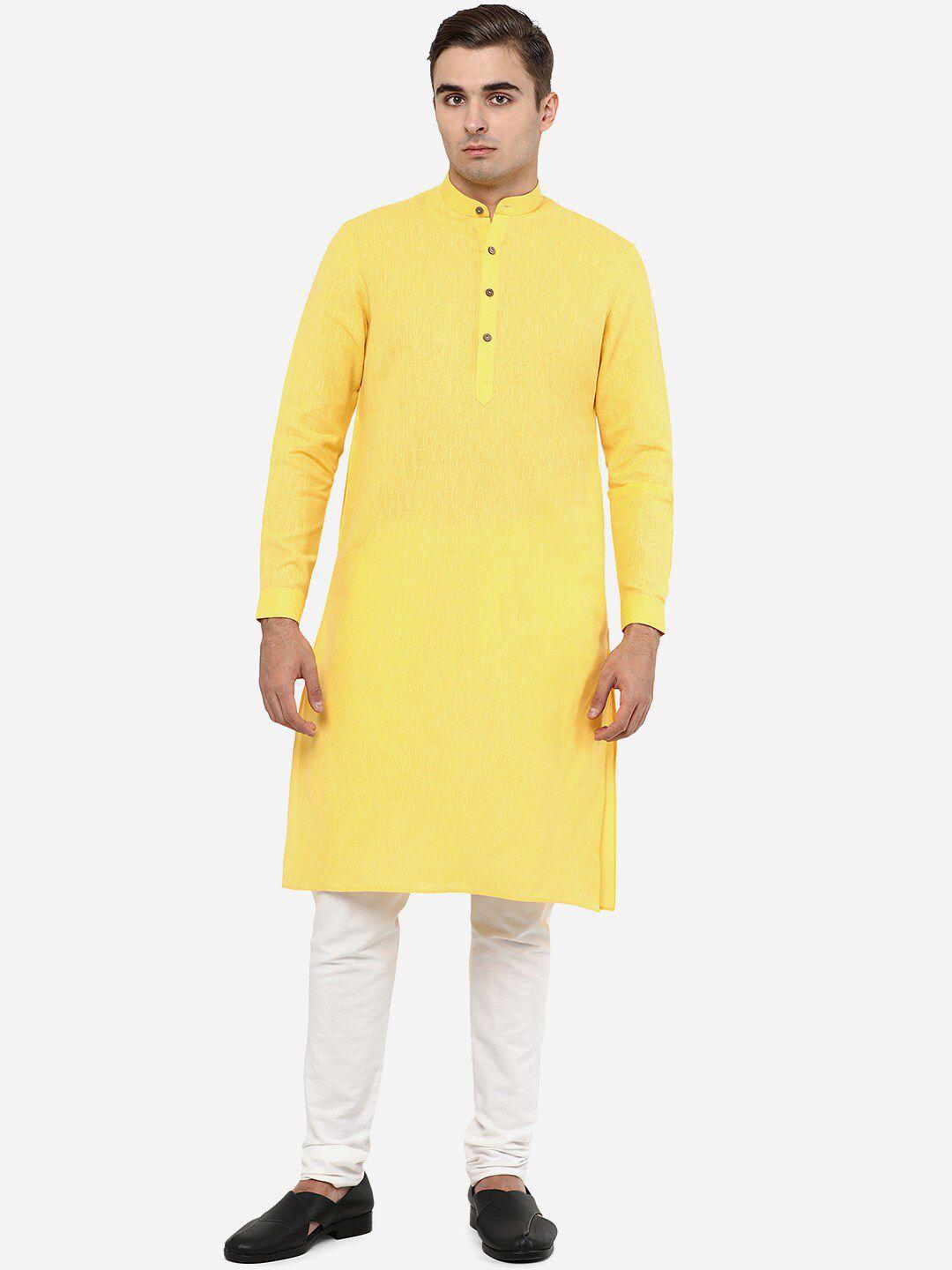 jade blue men yellow solid cotton straight kurta