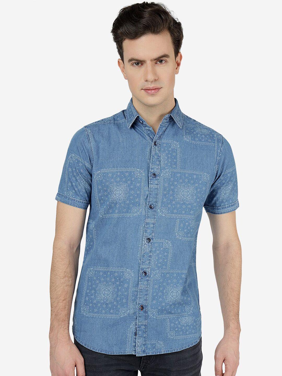 jade blue slim fit geometric printed pure cotton casual shirt
