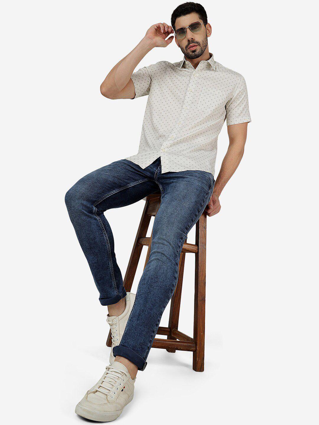 jade blue slim fit micro ditsy printed pure cotton casual shirt