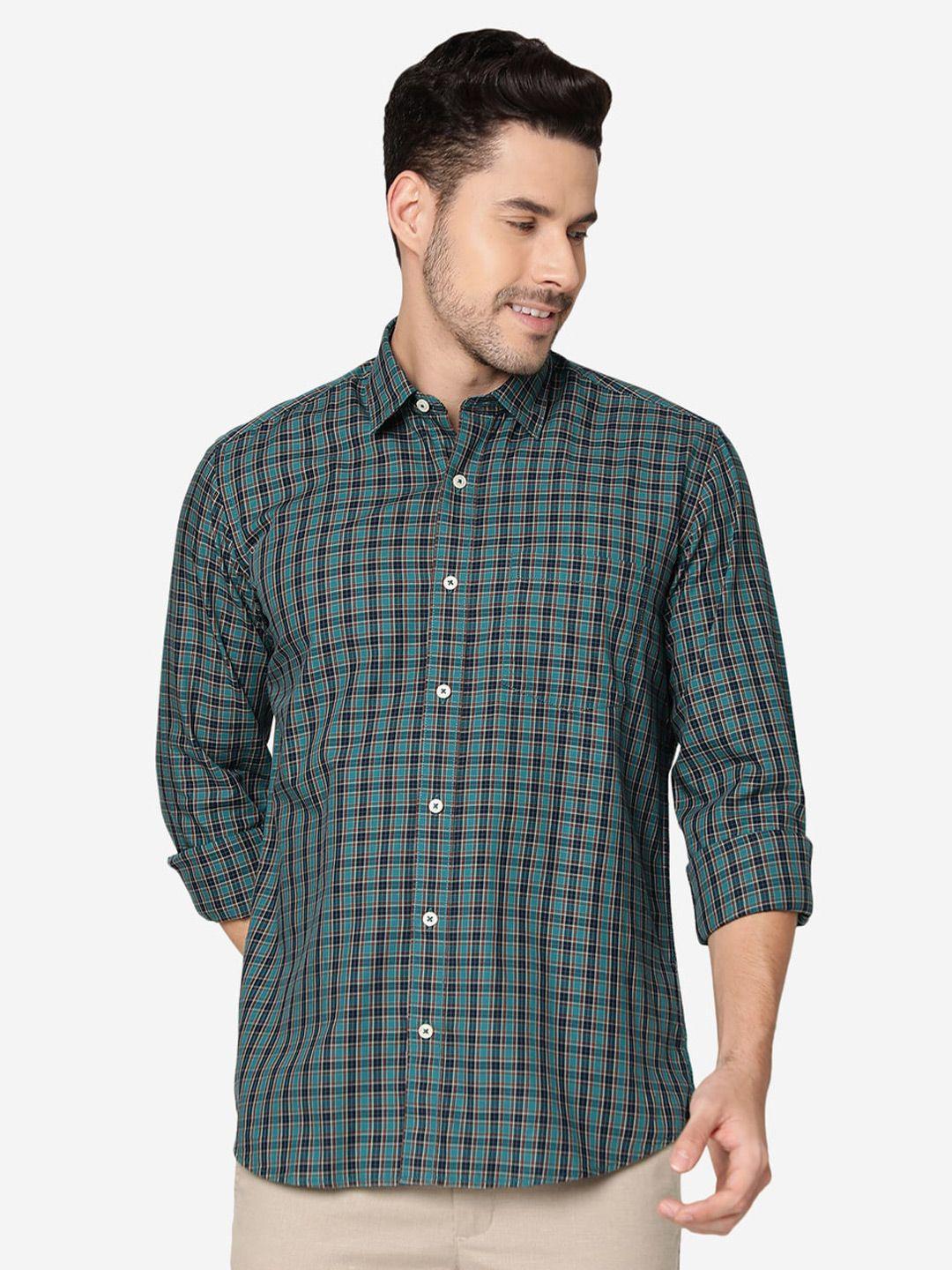 jade blue slim fit opaque tartan checked pure cotton casual shirt