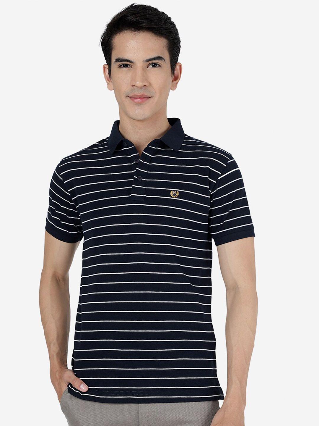 jade blue striped polo collar cotton slim fit t-shirt