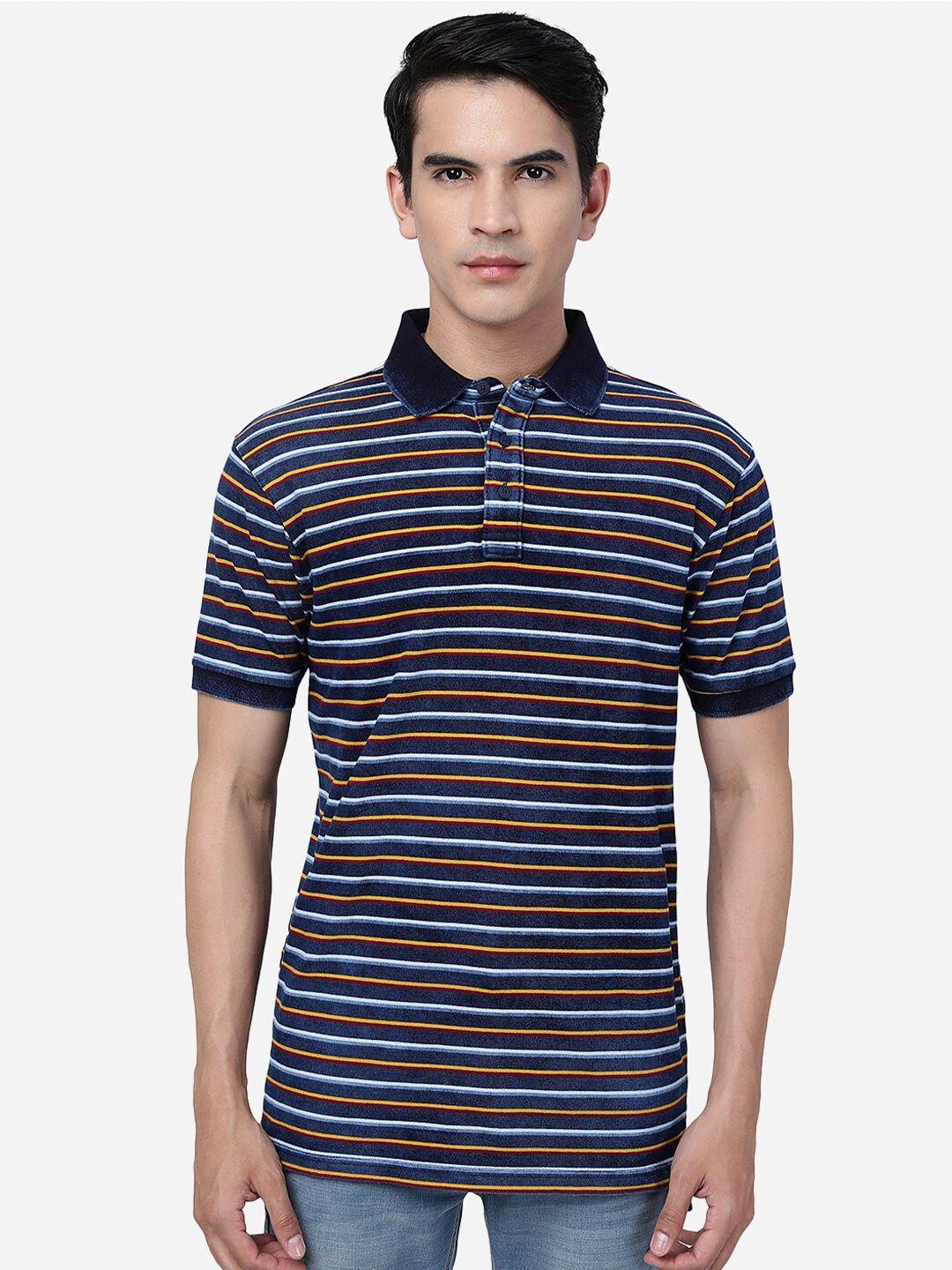 jade blue striped polo collar cotton t-shirt