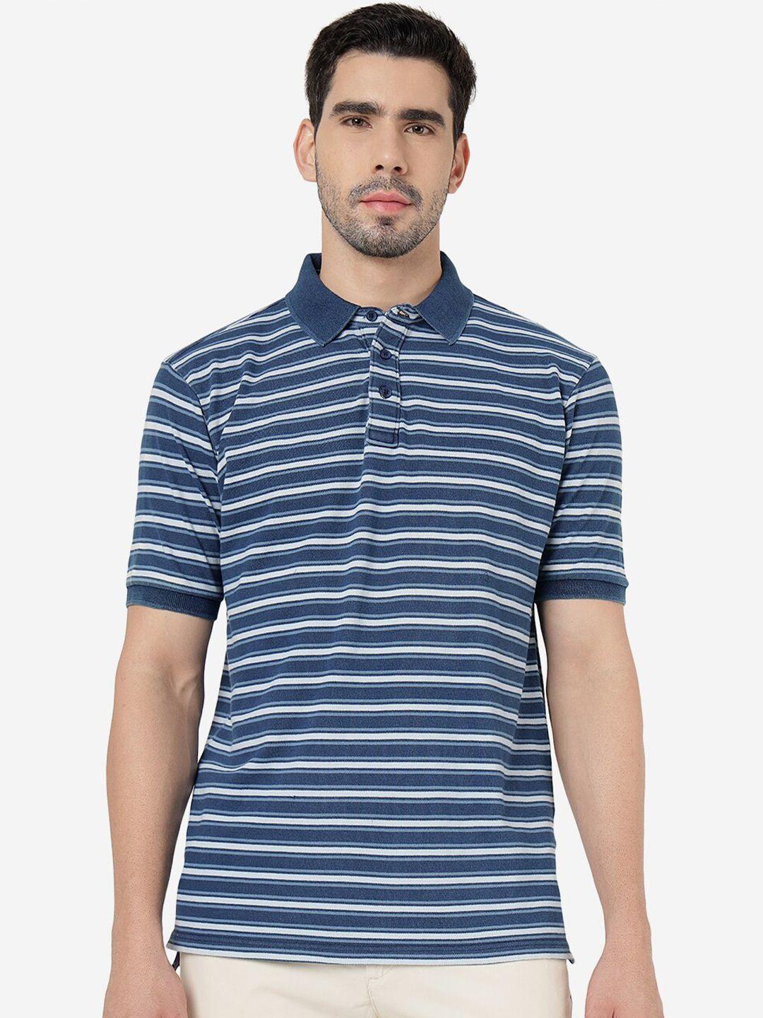 jade blue striped polo collar pure cotton slim fit t-shirt