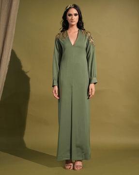 jade dress with slit & metallic embellishment